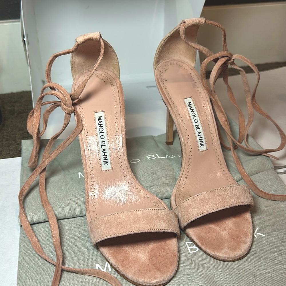 Manolo Blahnik Leva 90 Suede Nude Open Toe Heel , sz 37, ties around ankle